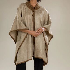 Taupe Alpaca Shawl  Poncho with Button Accent